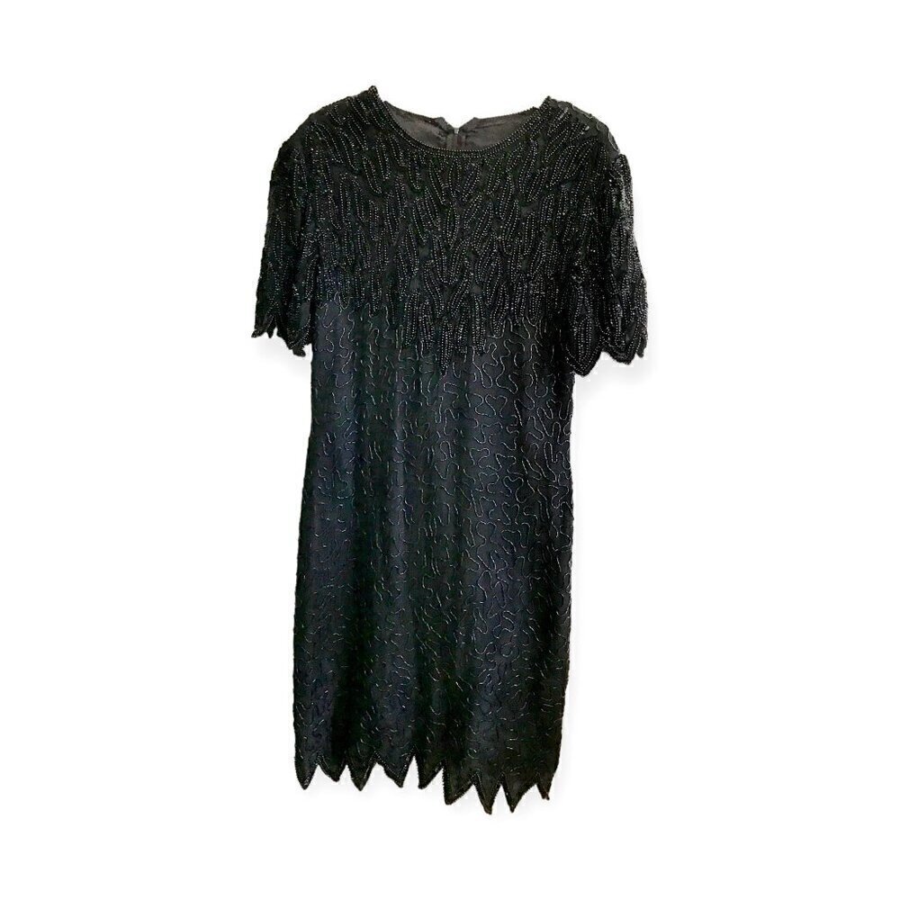 Vintage Dress black‎ beaded midi dress